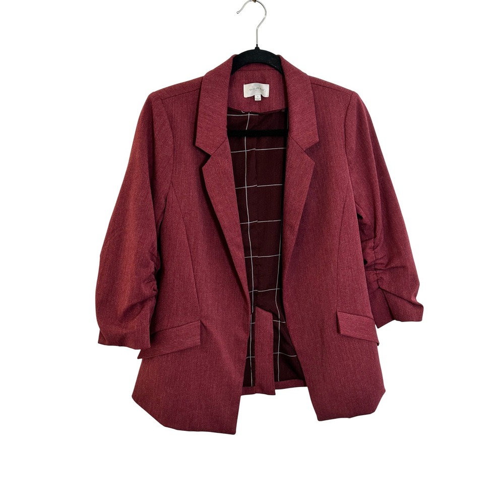 Skies Are Blue Open Front Blazer Size S Burgundy Red Ruched 3/4 Sleeve Office